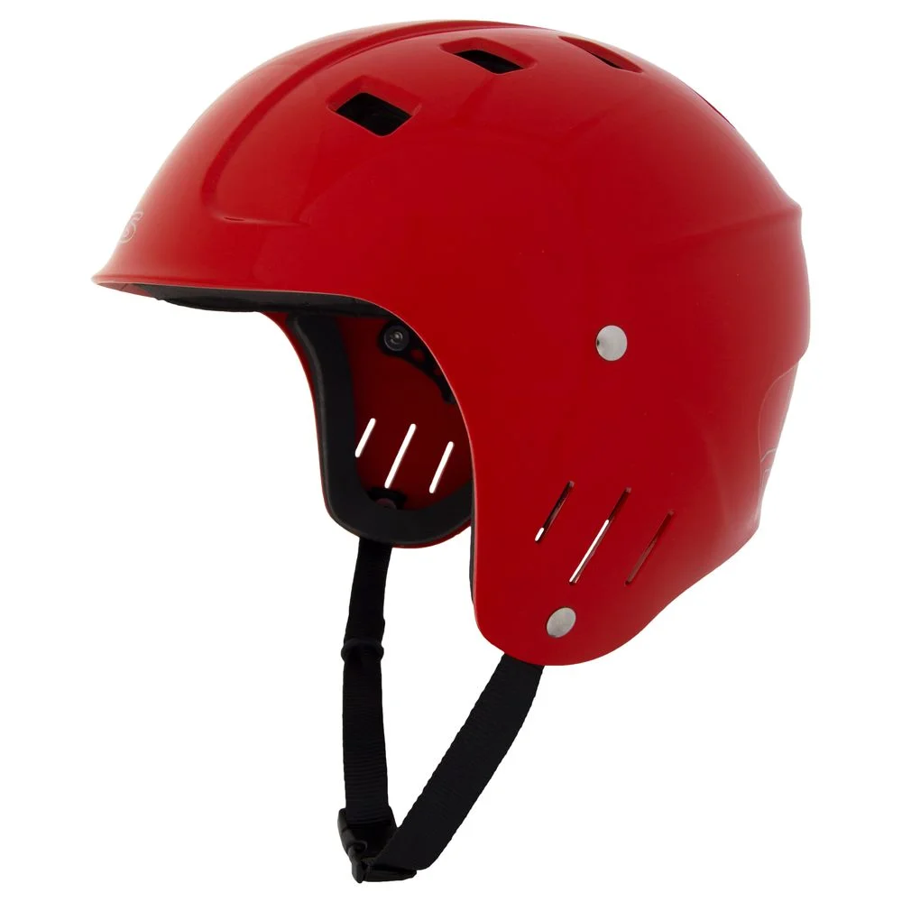 Left side view of the NRS Chaos Full Cut Helmet – Closeout in red, highlighting full ear protection, a durable ABS shell, and ventilation for comfortable, impact-resistant whitewater safety.