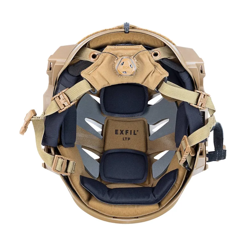 Under view of the Team Wendy® EXFIL® LTP Bump Helmet in coyote brown, showing the suspension system, adjustable straps, and cushioned interior liner.
