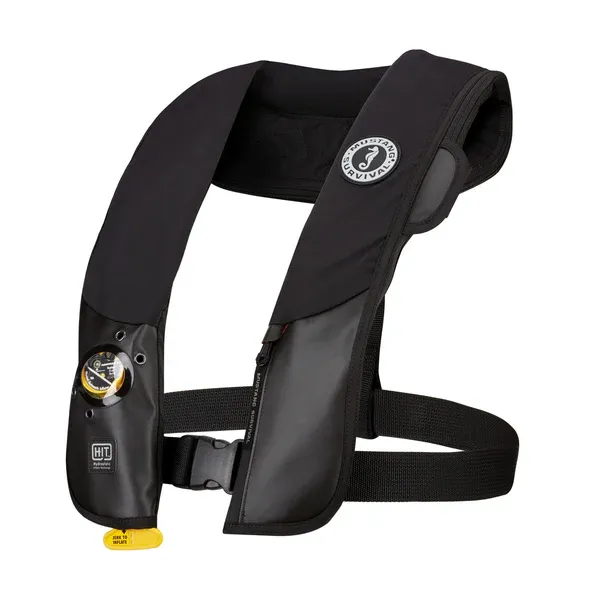 Side front view of Mustang Survival® Hit Hydrostatic Inflatable PFD in black variant highlighting ergonomic fit, inflation cylinder placement, and secure strap system.