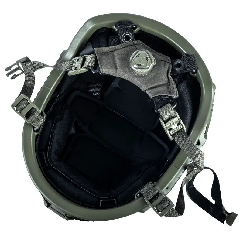 Under view of Team Wendy® EPIC™ Specialist Ballistic Helmet in ranger green revealing padded interior and adjustable straps for comfort.