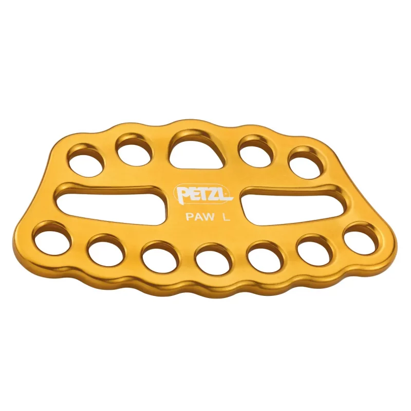 Yellow Petzl® PAW Rigging Plate with 12 connection holes designed for efficient organization of complex rope systems in climbing, rescue, and rigging operations.