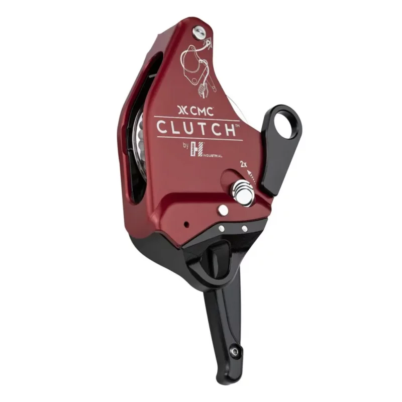 Front view of the Harken™ CMC CLUTCH™ in red with the switch pointed downward, showing its ergonomic design for intuitive rope handling and secure operation in technical rescue scenarios.