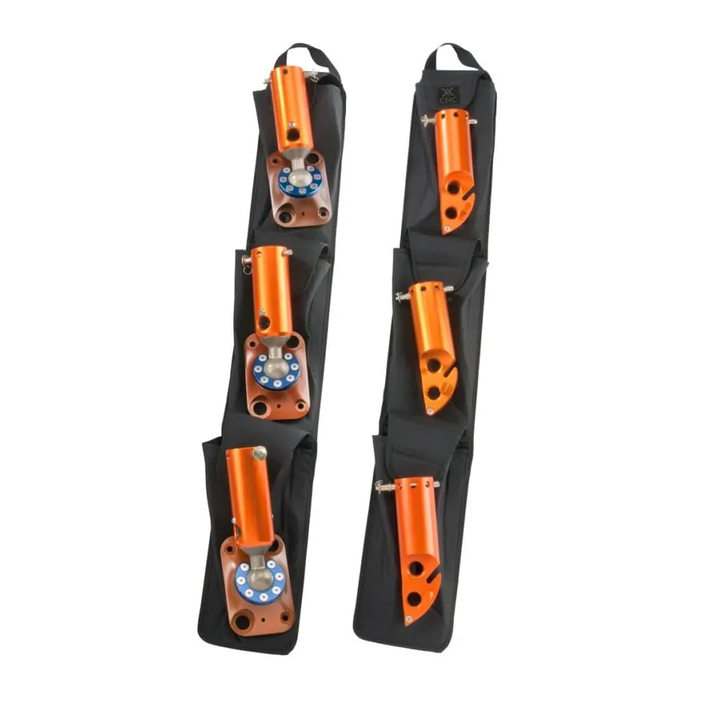 Tripod leg bottoms of the CMC™ Arizona Vortex Kit stored in individual carrying satchels for organized transport and protection during technical rescue deployments.