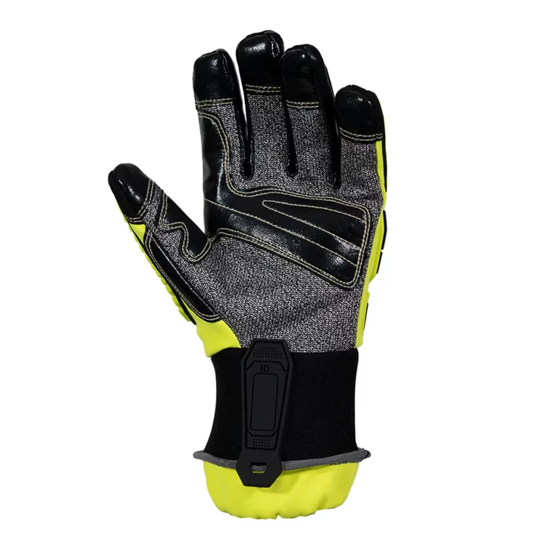 Palm side of a single Majestic Safety MFA15B glove highlighting cut-resistant Cala-Tech material and fluid-resistant liner for enhanced safety.