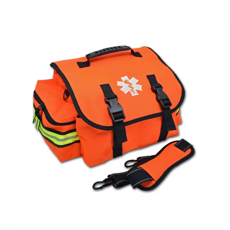Orange Lightning X LXMB20 small EMT first responder bag closed with detached strap placed in front, highlighting high visibility and portability.