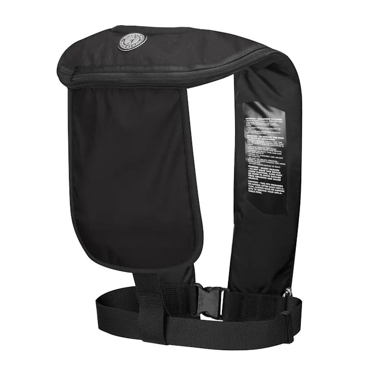 Back-side view of Mustang Survival® Hit Inflatable PFD for Law Enforcement in black variant, highlighting ergonomic harness system and reinforced stitching for durability.