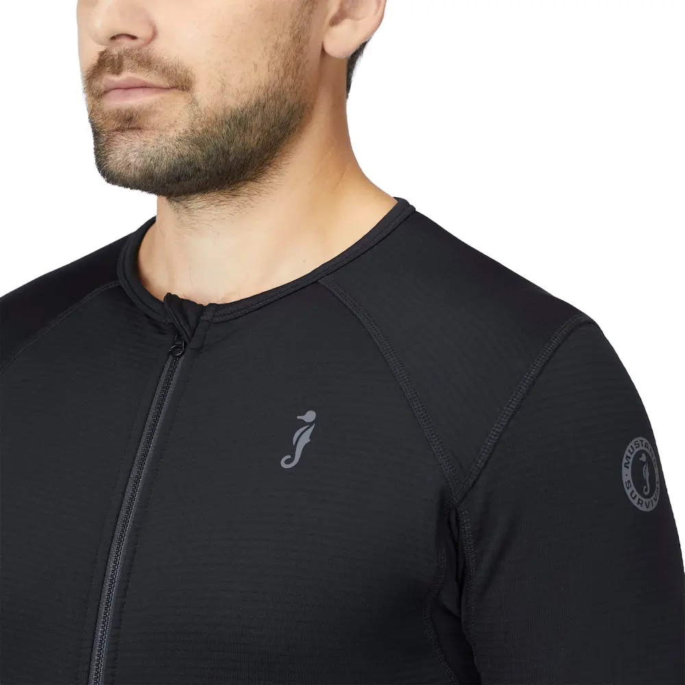 Closeup of neck area on a man wearing Mustang Survival® Men’s Kazan Dry Suit Liner showing soft, moisture-wicking fabric and comfortable collar design.