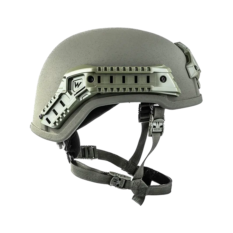 Right side view of the Team Wendy® EPIC™ Protector Ballistic Helmet in ranger green, showcasing the side rail interface, bungee mounts, and ergonomic shell design.