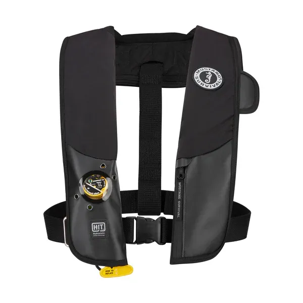 Front view of Mustang Survival® Hit Hydrostatic Inflatable PFD in black variant, showing adjustable straps, compact design, and hydrostatic inflation mechanism for enhanced safety.