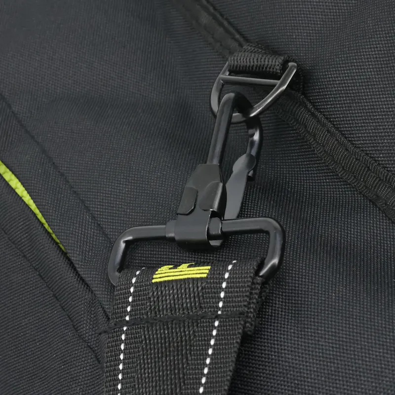 Close-up of the Lightning X LXFB20 black turnout gear bag's swivel snap hook and D-ring shoulder strap attachment.