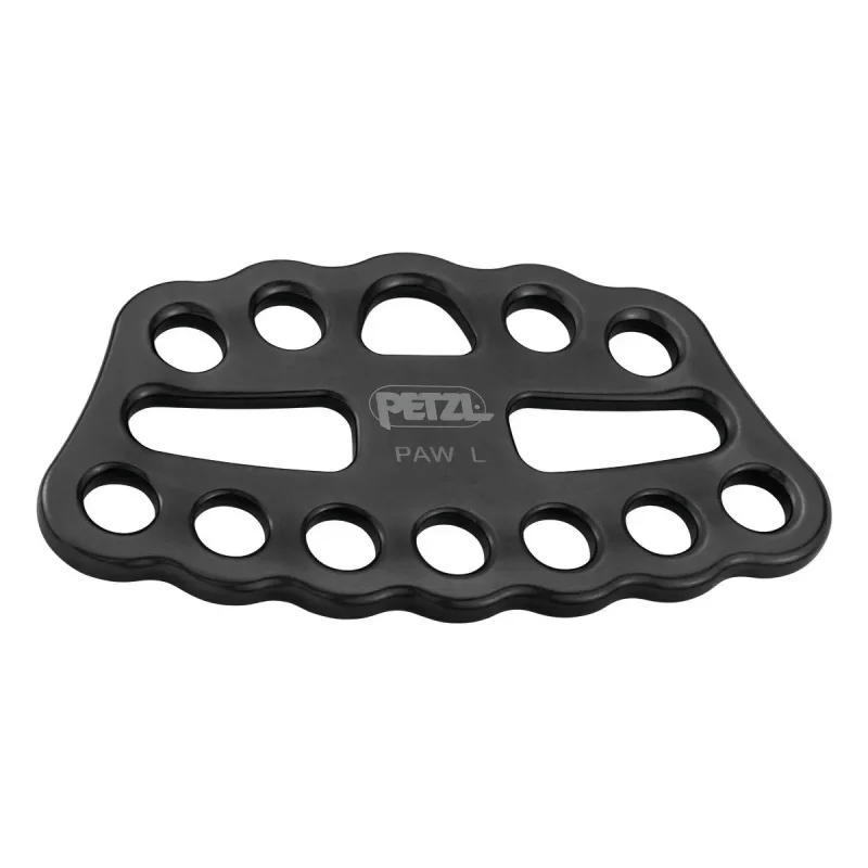 Black Petzl® PAW Rigging Plate with 12 connection holes designed for efficient organization of complex rope systems in climbing, rescue, and rigging operations.