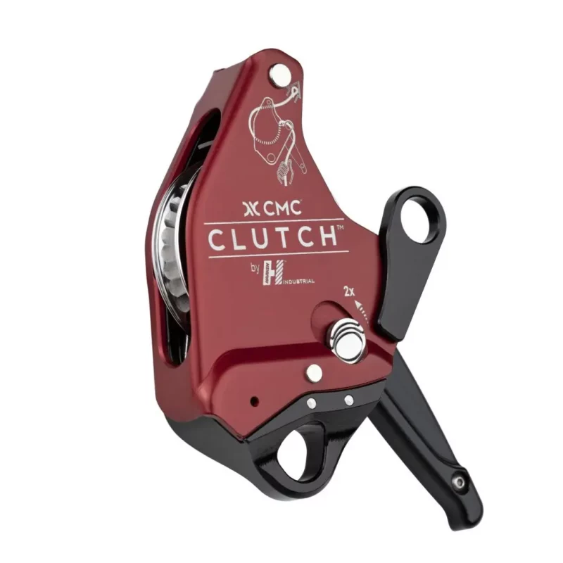 Front view of the red Harken™ CMC CLUTCH™, displaying its precision-engineered components designed for efficient rope control in rescue and access operations.