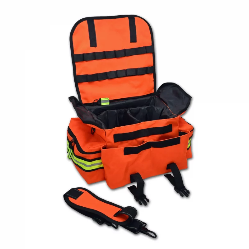 Orange Lightning X LXMB20 small EMT first responder bag open with detached strap in front, showing organized compartments for quick access to medical supplies.