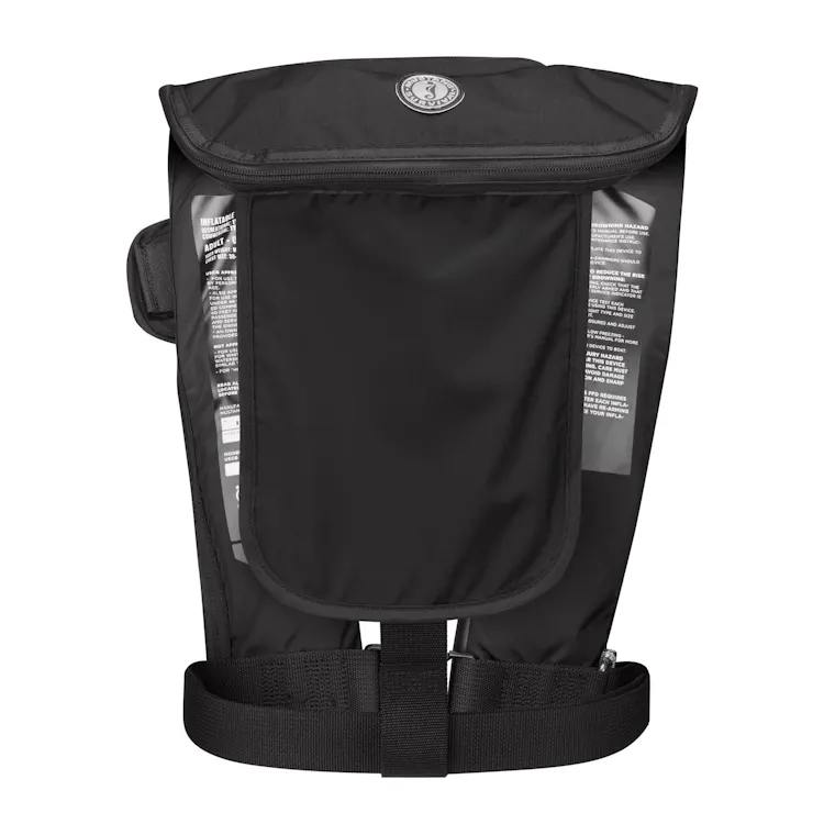 Back view of Mustang Survival® Hit Inflatable PFD for Law Enforcement in black variant, featuring compact flotation bladder and secure adjustment points for reliable safety.