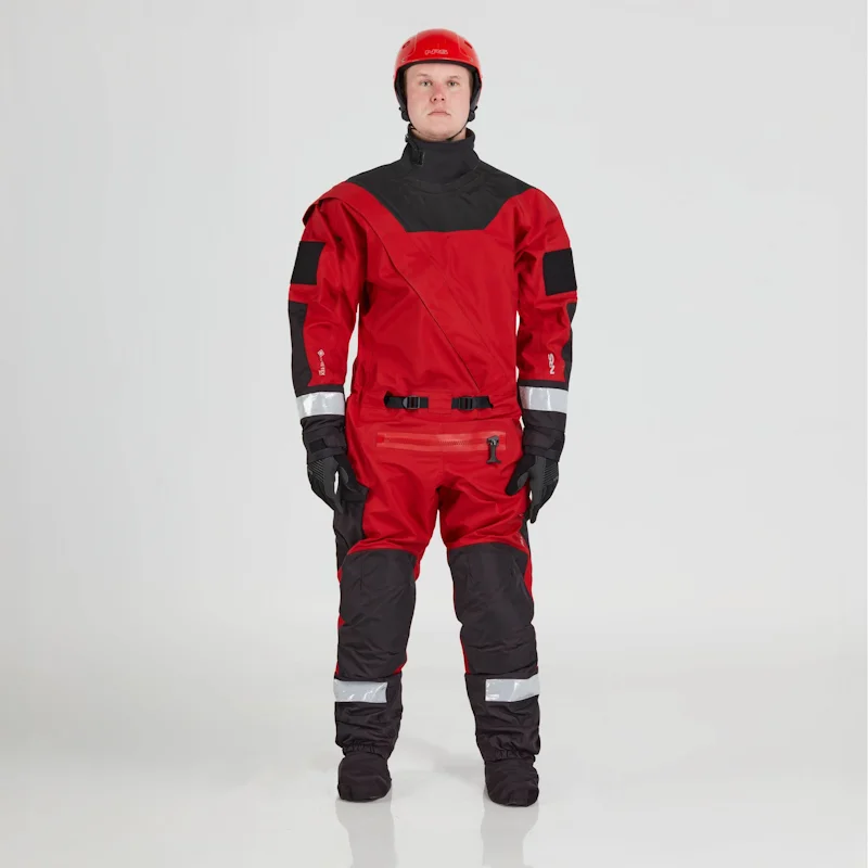 Front view of a man wearing the NRS Ascent SAR Dry Suit in red, highlighting its waterproof construction, rugged rescue-ready design, and full-body protection for cold and wet environments.