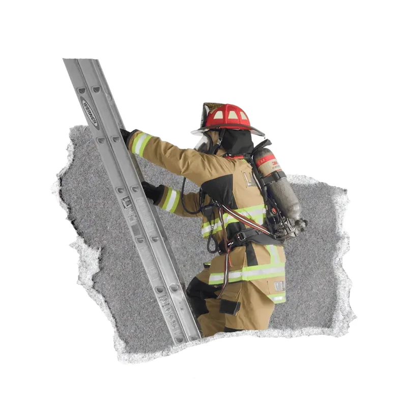Side view of a firefighter climbing a ladder while wearing Fire-Dex® AeroFlex™ turnout gear for fire protection and safety.