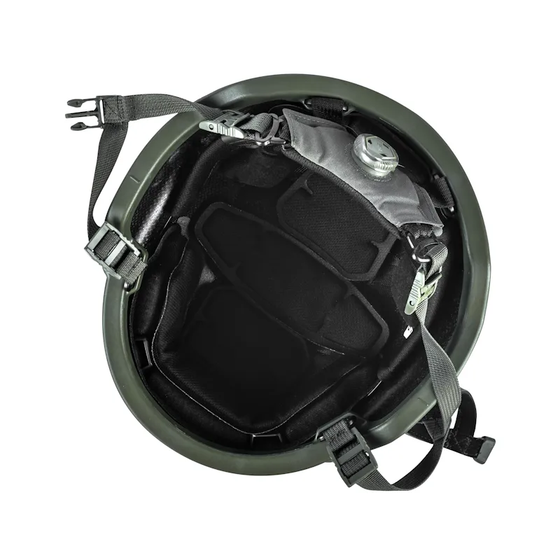 Under view of the Team Wendy® EPIC™ Protector Ballistic Helmet in ranger green, showing the adjustable interior padding, chin strap, and suspension system for secure comfort.