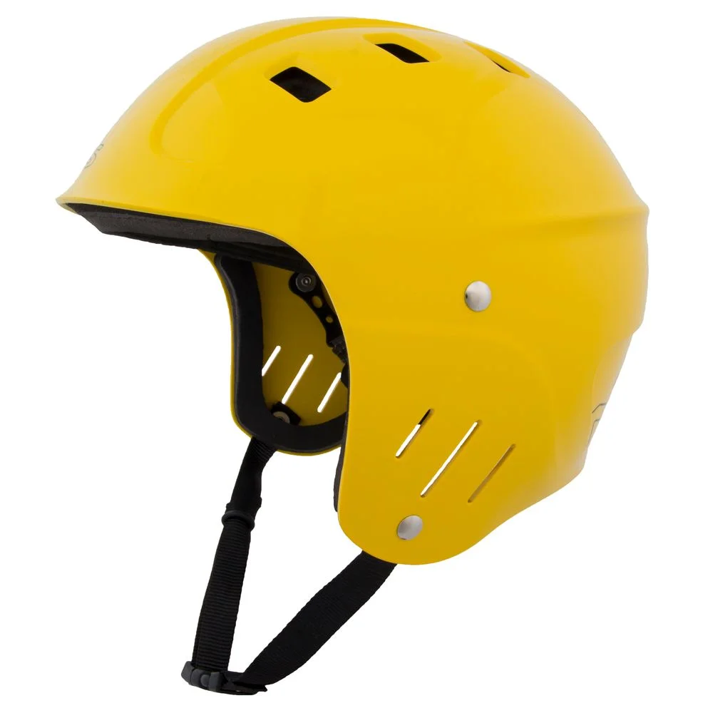 Left side view of the NRS Chaos Full Cut Helmet – Closeout in yellow, highlighting full ear protection, a durable ABS shell, and ventilation for comfortable, impact-resistant whitewater safety.