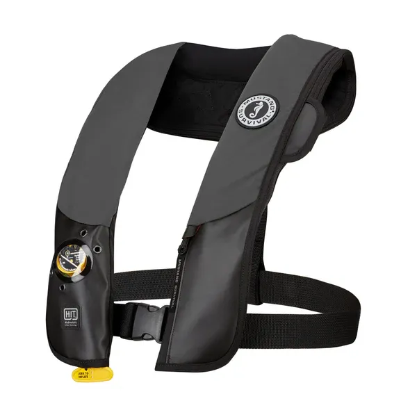 Side front view of Mustang Survival® Hit Hydrostatic Inflatable PFD in gray/black variant highlighting ergonomic fit, inflation cylinder placement, and secure strap system.