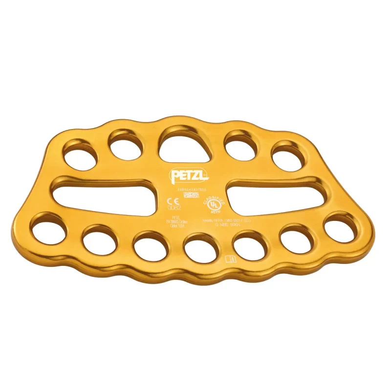 Back view of the yellow Petzl® PAW Rigging Plate with 12 connection holes, designed for organizing complex rope systems in climbing, rescue, and rigging applications.
