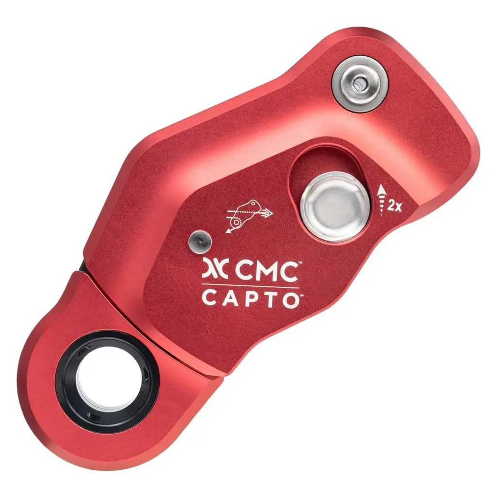 Close-up of the red CMC™ CAPTO™ Multifunctional Rope Grab showcasing its durable aluminum construction and ergonomic design for safe rope access and fall protection.