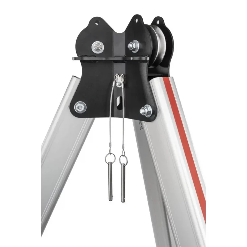 Close-up of the top of the CMC™ Triskelion™ tripod highlighting the central hub with secure attachment points and durable hardware for rescue rigging.