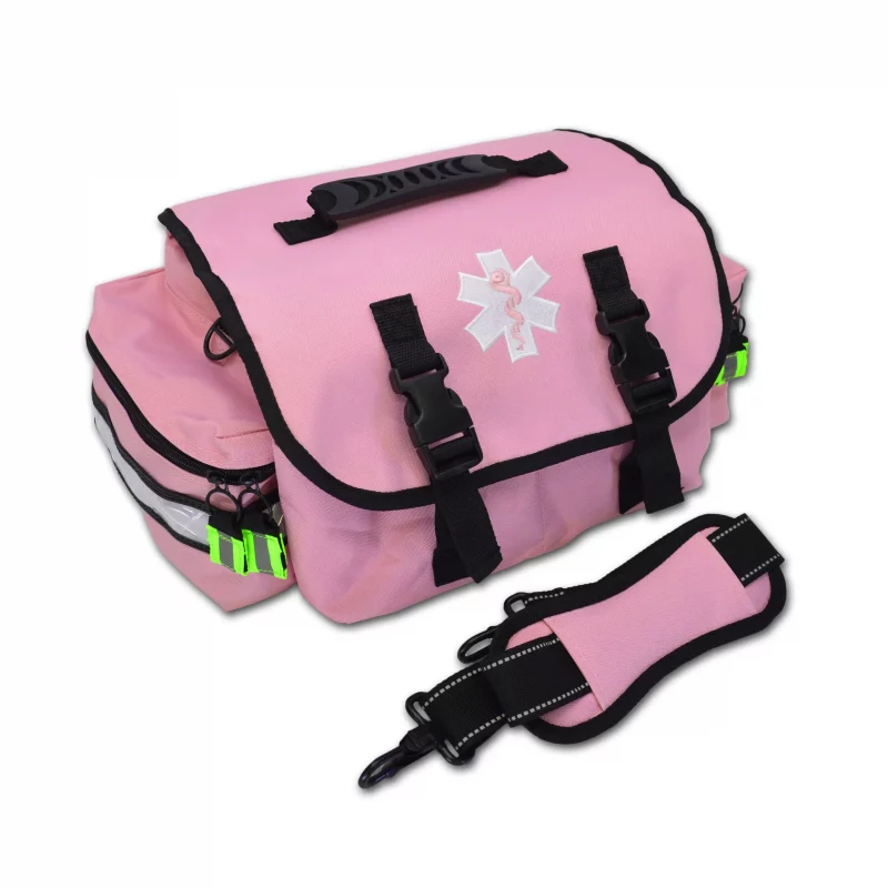 Pink Lightning X LXMB20 small EMT first responder bag closed with detached strap placed in front, highlighting high visibility and portability.