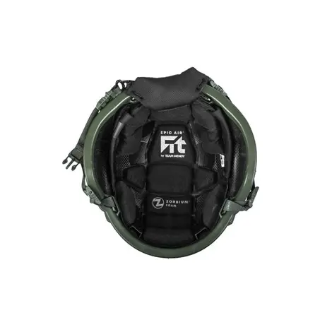 Alternate under view of the Team Wendy® EPIC™ Protector Ballistic Helmet in ranger green, emphasizing the cushioned liner and harness layout for stability and protection.