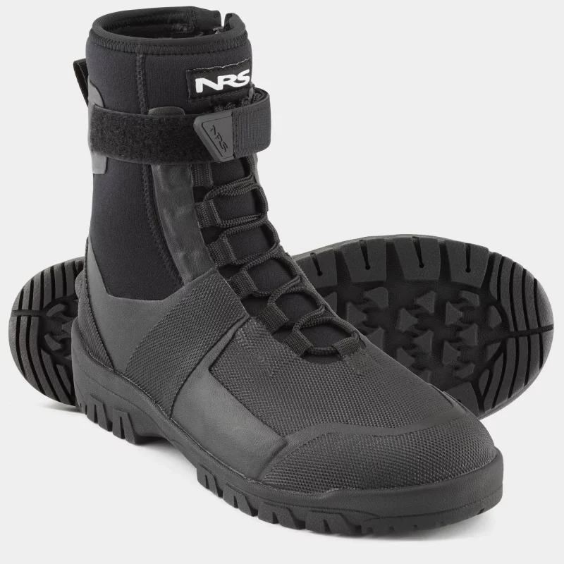 Pair of NRS Workboot Wetshoes with one boot standing upright from front right side view and the other laying on its side behind it, showing the textured sole for traction.