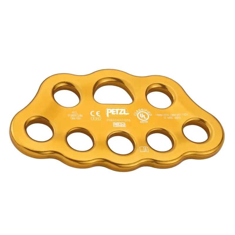 Back view of the yellow Petzl® PAW Rigging Plate with 8 connection holes, designed for efficient rope system organization in climbing, rescue, and rigging operations.