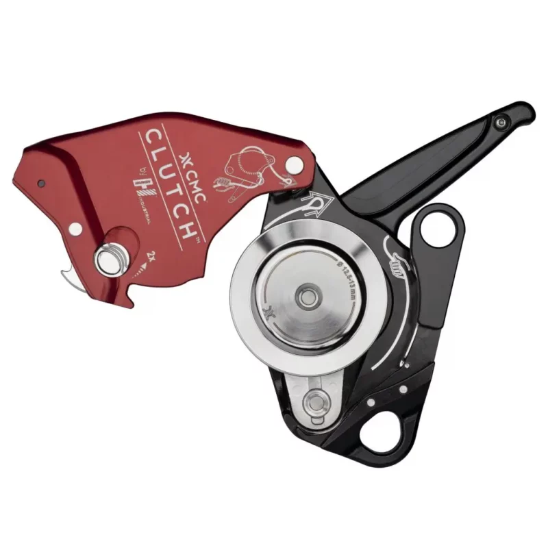 Top view of the red Harken™ CMC CLUTCH™ in the open position, revealing internal components and rope path for easy inspection, setup, and maintenance in technical rescue operations.