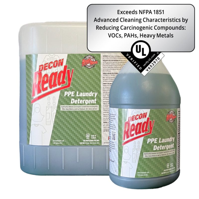 Ready Rack™ Decon Ready™ PPE Laundry Detergent bottles shown in two sizes, designed for effective cleaning and decontamination of personal protective equipment fabrics.