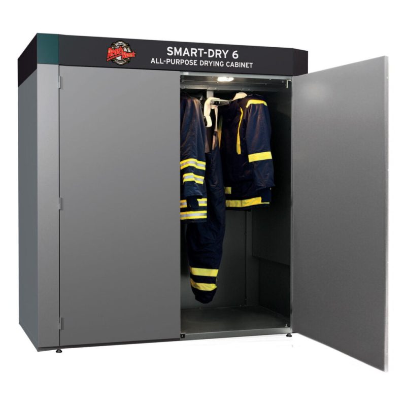 Front-side view of Ready Rack™ Smart-Dry 6 All-Purpose Drying Cabinet with one door open, fully loaded with firefighting shirts and pants neatly arranged for effective drying and accessibility.
