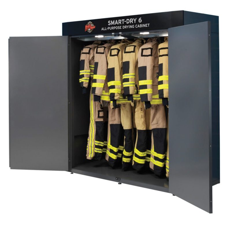 Front-side view of Ready Rack™ Smart-Dry 6 All-Purpose Drying Cabinet with both doors open, fully loaded with firefighting shirts and pants organized for efficient drying and easy access.