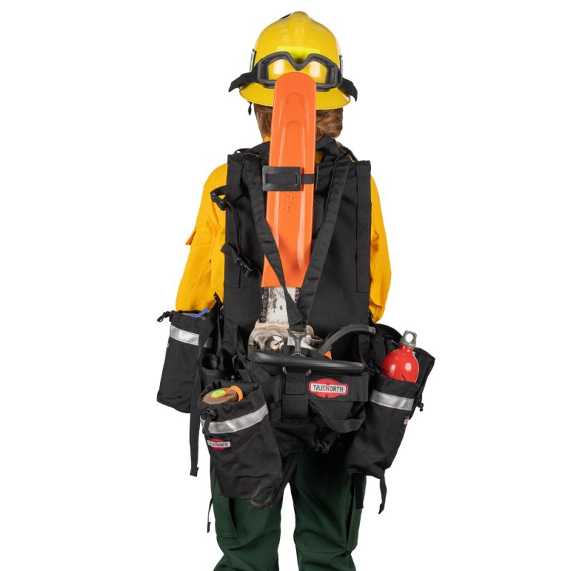 Back view of person wearing True North Gear Chainsaw Pack showing adjustable shoulder straps, padded back panel, and secured chainsaw holder for safe carry.