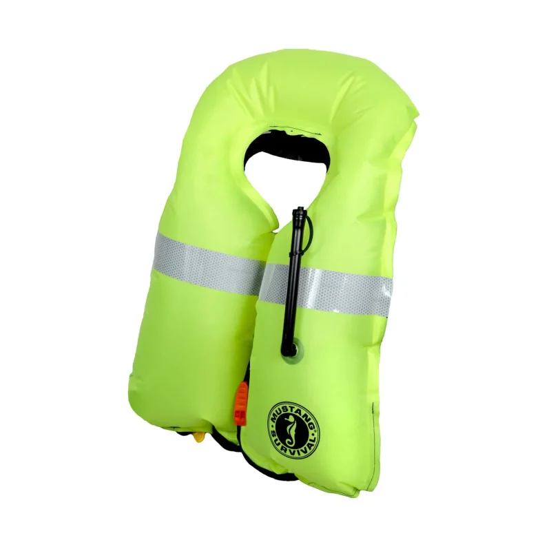 Angled front-side view of Mustang Survival® Hit High Visibility Inflatable PFD fully inflated, highlighting bright high-visibility material and expanded flotation for emergency buoyancy.