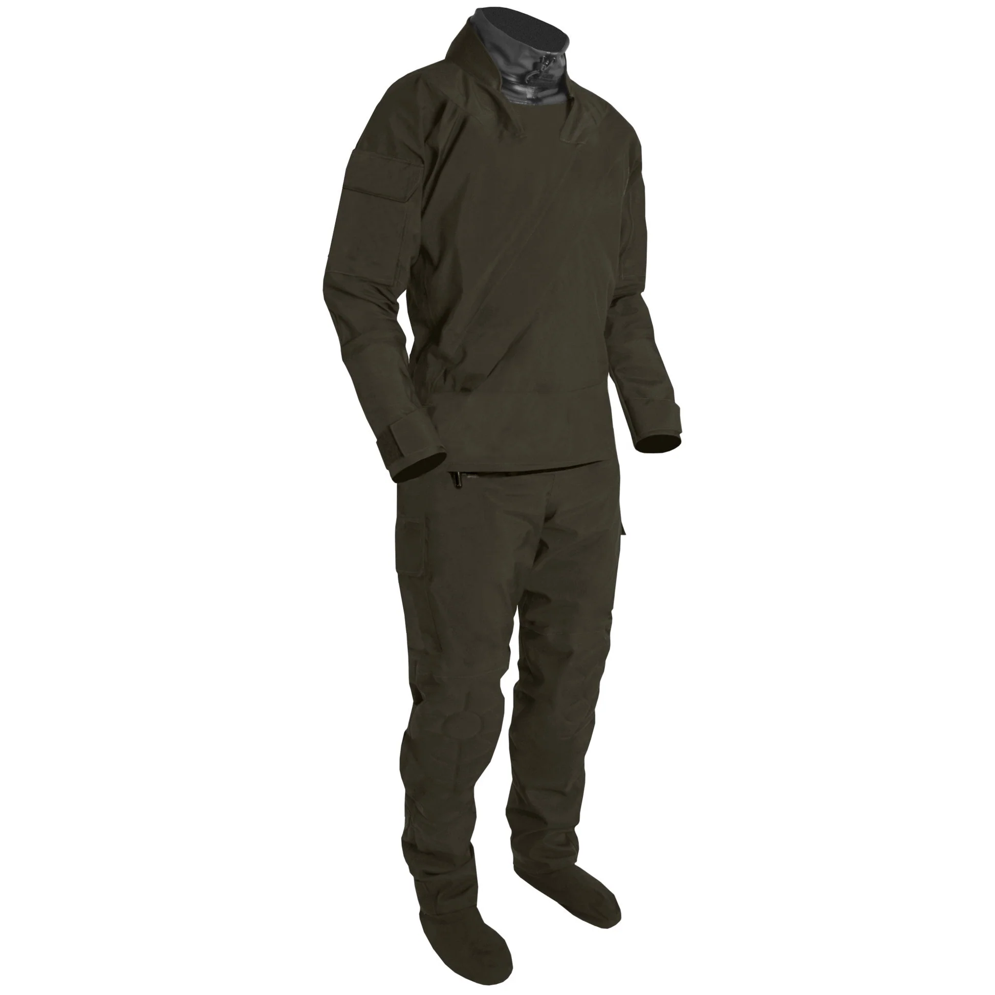 Mustang Survival® Sentinel™ Series Tactical Operations Dry Suit engineered for tactical missions, featuring waterproof breathable fabric, reinforced abrasion-resistant panels, and ergonomic design for mobility and protection in demanding environments.