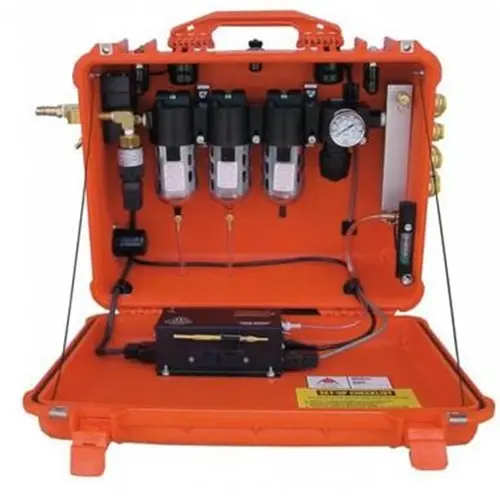 Air Systems® 100 CFM Auto-Air™ Breather-Box® filtration system with 123 CFM flow capacity and 46, or 8 couplings, providing efficient compressed air filtration for industrial applications.