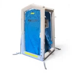 FSI® DAT1010S First Responder Decon Shower, inflatable single-unit decontamination stall with blue privacy curtain.