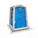 FSI® DAT2020S First Responder Decon Shower, inflatable two-person unit with blue privacy curtain and anchor straps.