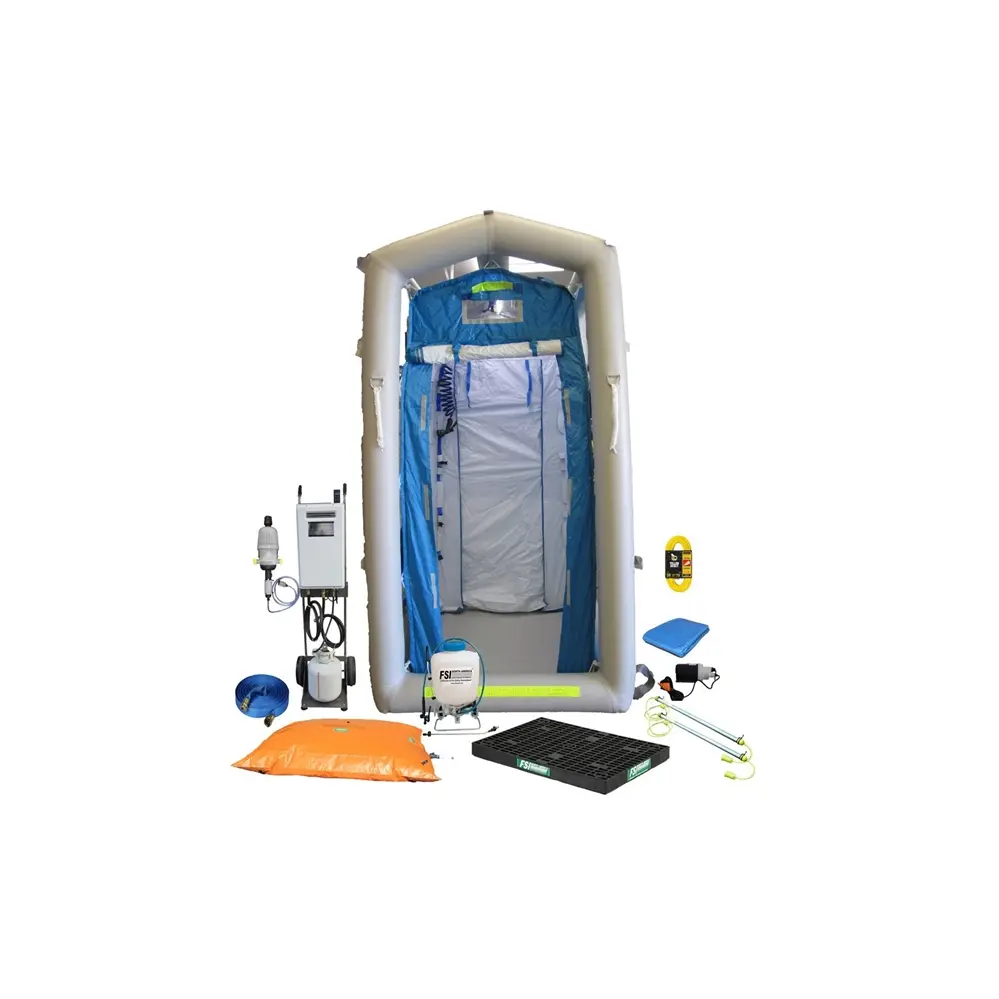 The FSI® DAT1010S-SYS First Responder Decon Shower System Package is a compact, all-in-one portable solution designed for rapid deployment of decontamination operations in hazmat and emergency response scenarios.