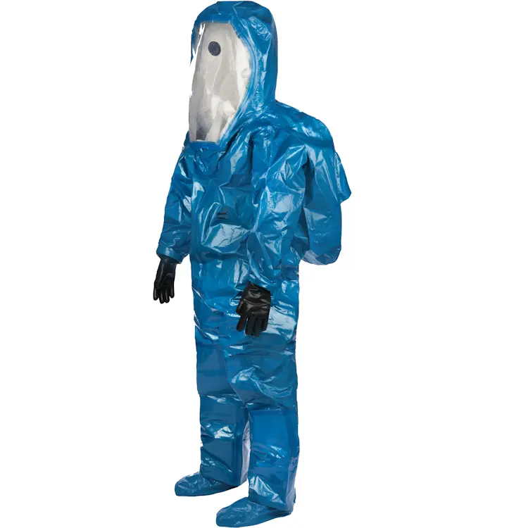 Front right side view of the Lakeland® Interceptor® Plus Rear Entry Suit shows its gas-tight zipper, dual-layer gloves, and integrated boot system for maximum chemical protection.