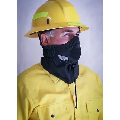 Front right side view of a person wearing the Hot Shield® UB-V2 Wildland Firefighter Ultimate Bandanna, showcasing the flame-resistant fabric wrapped securely around the head and neck for optimal protection against heat and sparks.