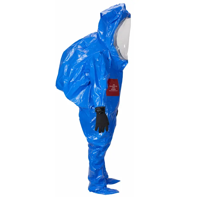 Side view of the Lakeland® Interceptor® Plus Front Entry Training Suit shows its ergonomic design, featuring streamlined seams, reinforced side panels, and secure closures to ensure mobility, durability, and a proper training fit during hazardous materials simulations.