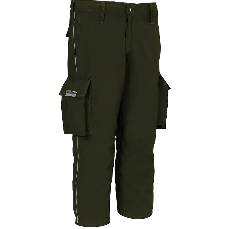 Front side view of Lakeland® Wildland Fire Coverall in spruce green highlighting durable protective construction with high-visibility reflective striping designed for enhanced safety in wildfire operations.