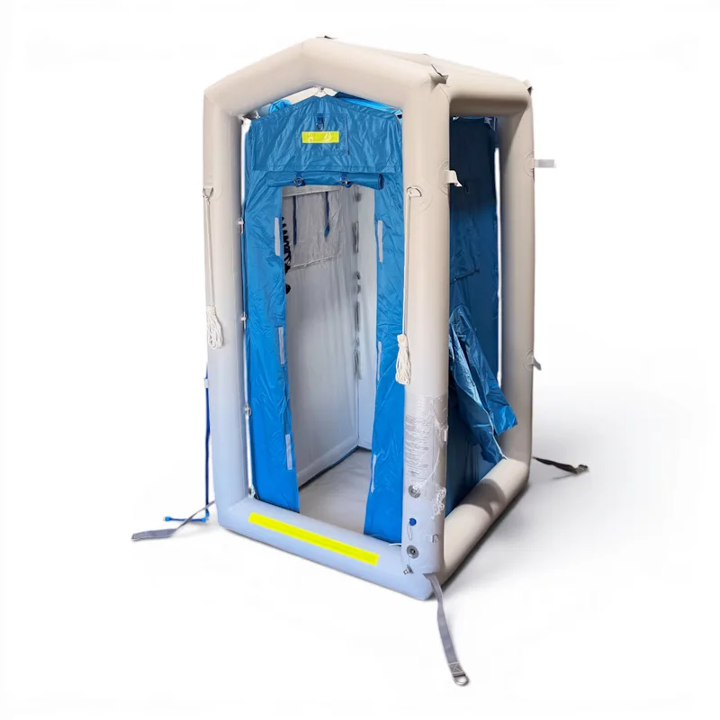 FSI® DAT1010S First Responder Decon Shower, inflatable stall with privacy curtains pulled open at entrance.
