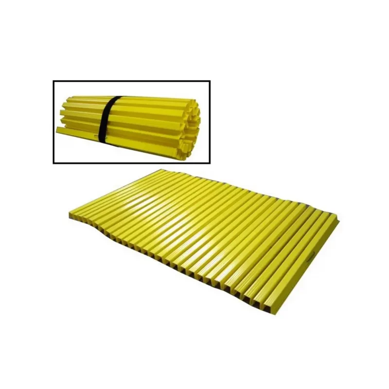 Bright yellow roll-up decontamination mat designed for use with foot pool containment systems, featuring durable, chemical-resistant material for easy deployment and effective containment of hazardous contaminants during footwear decontamination.