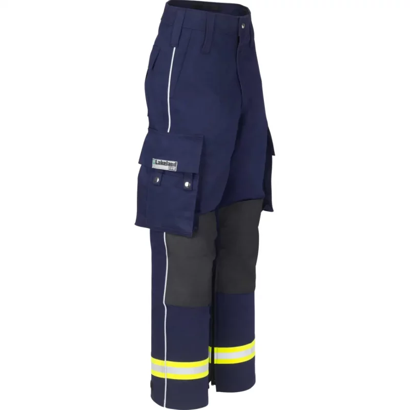 Front left side view of the Lakeland® 911 Series Extrication Pants (EXPT) in navy blue, showcasing their heavy-duty, flame-resistant fabric, reinforced areas, and ergonomic design for emergency rescue operations.