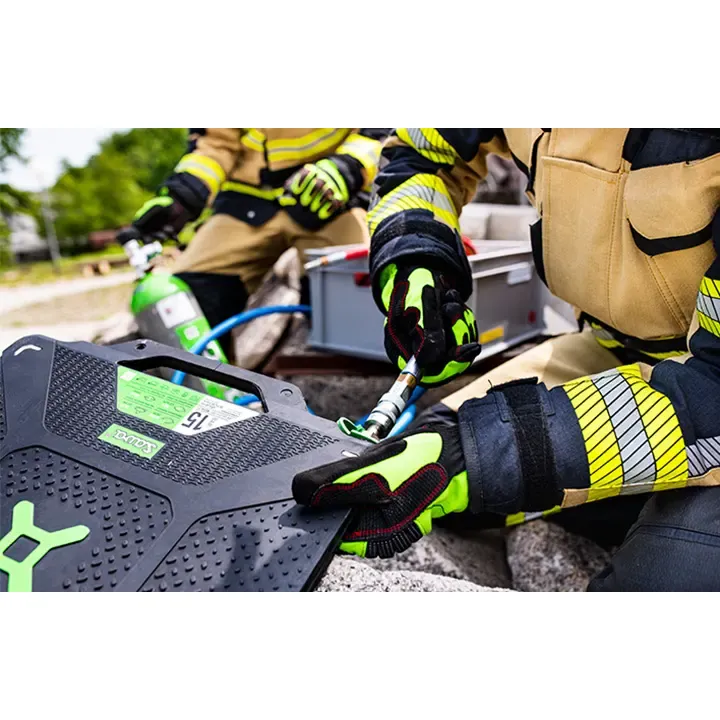 Trelleborg™ NOVA Lifting Bag rated for 15 BAR (218 PSI) being filled with air, demonstrating its robust design and high-pressure capacity for powerful lifting during rescue operations.