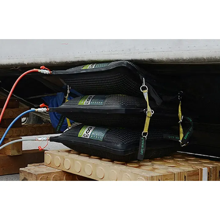 Three Trelleborg™ Flat Bags inflated and stacked, demonstrating their durable construction and high-pressure capacity rated at 8 BAR (116 PSI) for reliable use in firefighting and rescue operations.